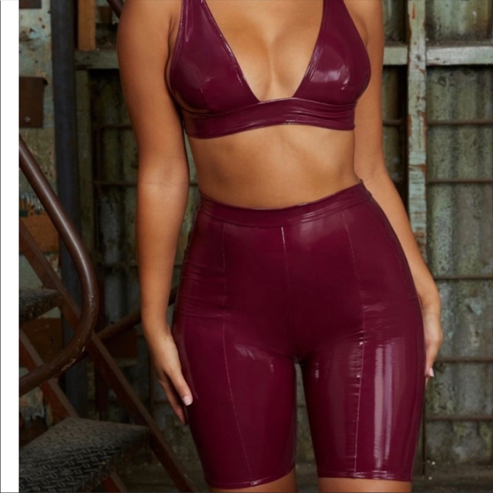 Oh Polly Wine High-Waist Vinyl Bike Shorts